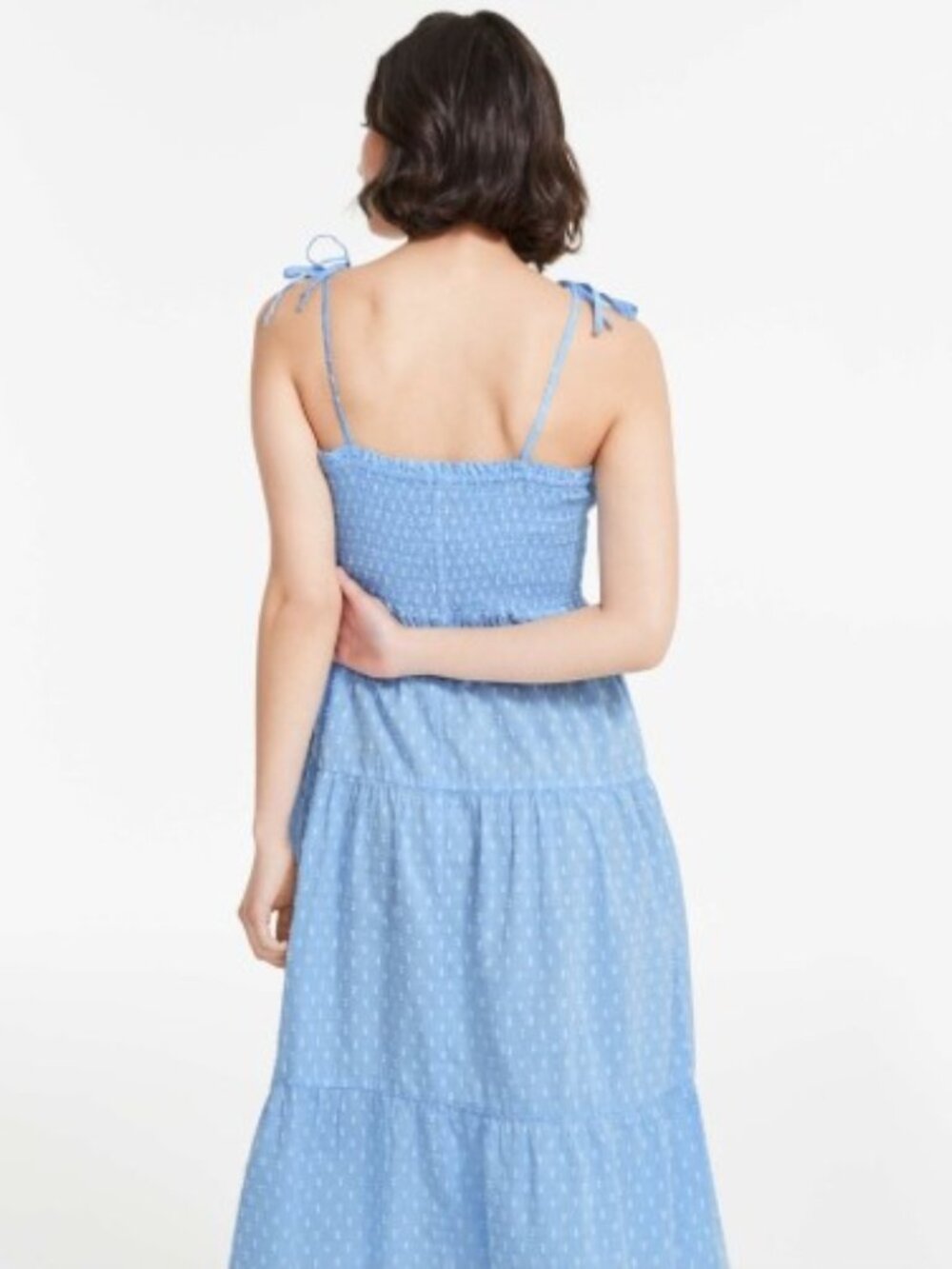 NWT Joe Fresh Light Blue Smocked Tiered Tie-Shoulder Swiss Dot Maxi Dress Size S - Picture 2 of 14